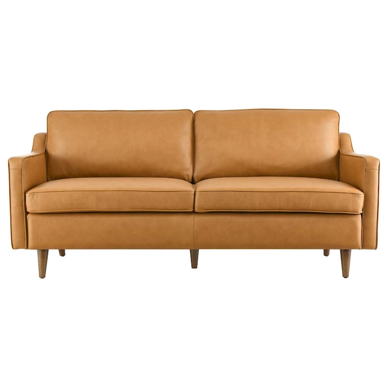 Canapé en cuir pleine fleur de style Mid-Century Modern – Structure en bois d'hévéa, suspension à ressorts, mousse haute densité