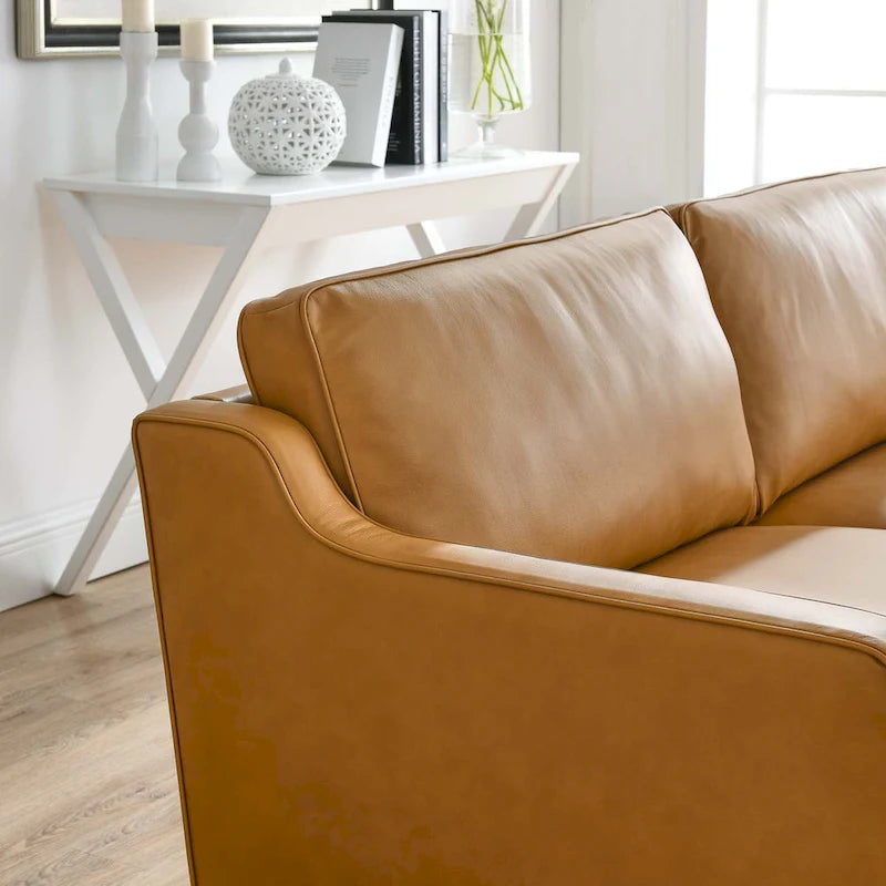 Canapé en cuir pleine fleur de style Mid-Century Modern – Structure en bois d'hévéa, suspension à ressorts, mousse haute densité
