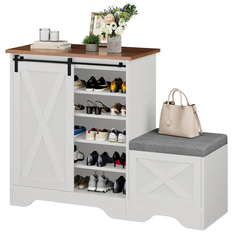 Banc à chaussures de ferme avec porte coulissante de style grange – 5 niveaux, pour 20 paires
