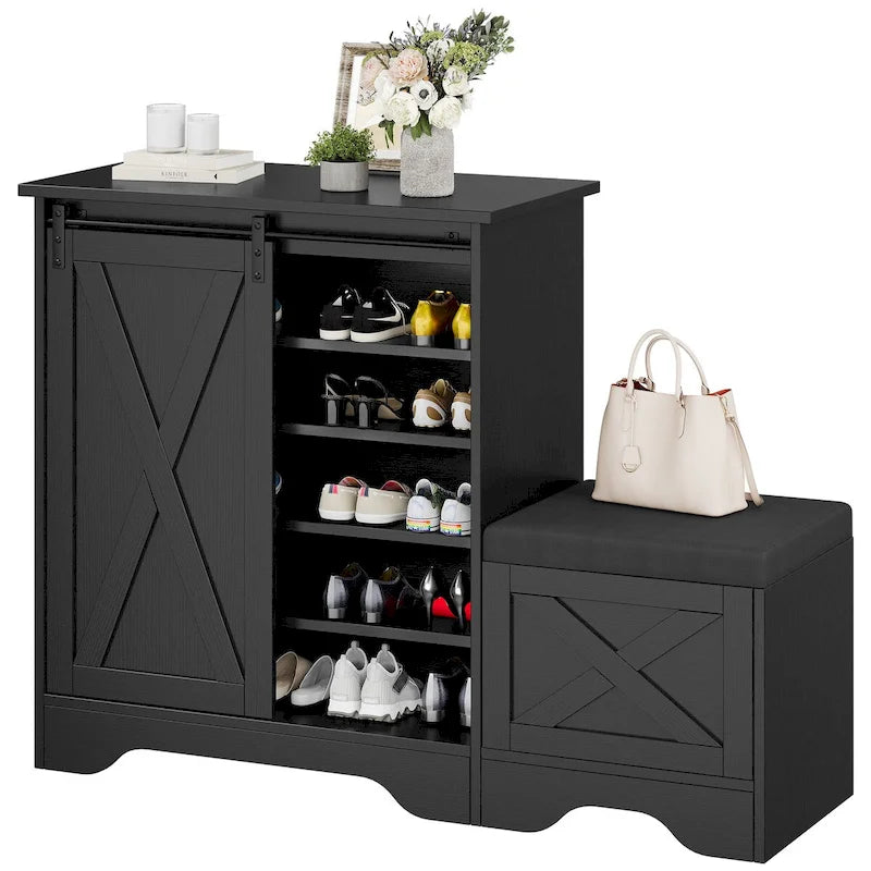 Banc à chaussures de ferme avec porte coulissante de style grange – 5 niveaux, pour 20 paires