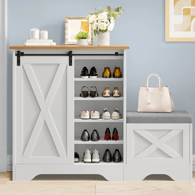 Banc à chaussures de ferme avec porte coulissante de style grange – 5 niveaux, pour 20 paires