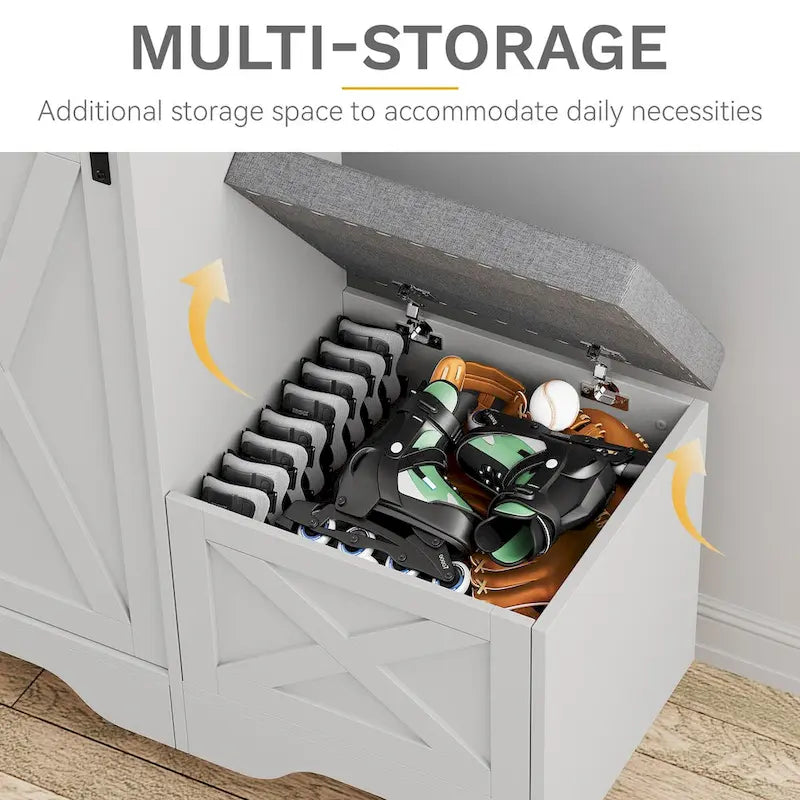 Banc à chaussures de ferme avec porte coulissante de style grange – 5 niveaux, pour 20 paires