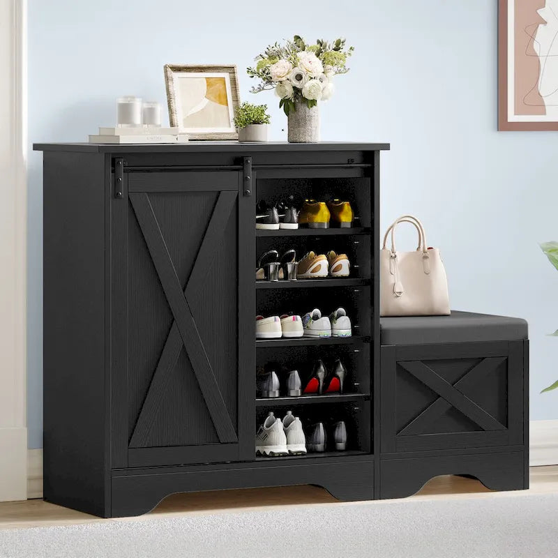 Banc à chaussures de ferme avec porte coulissante de style grange – 5 niveaux, pour 20 paires