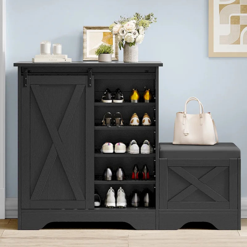 Banc à chaussures de ferme avec porte coulissante de style grange – 5 niveaux, pour 20 paires