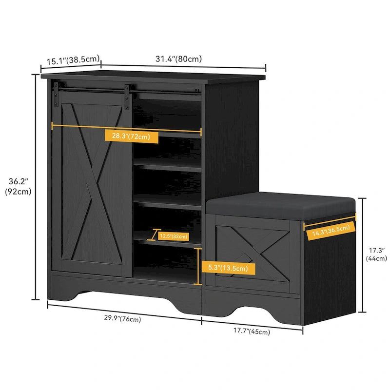 Banc à chaussures de ferme avec porte coulissante de style grange – 5 niveaux, pour 20 paires