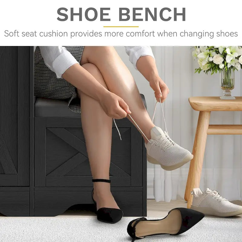 Banc à chaussures de ferme avec porte coulissante de style grange – 5 niveaux, pour 20 paires