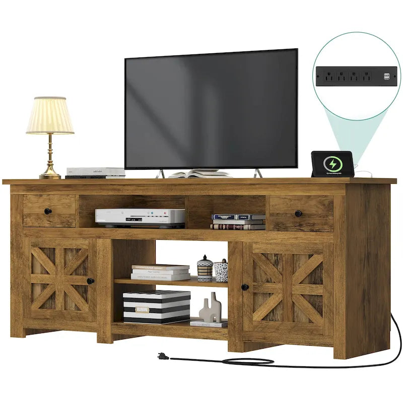 Meuble TV de ferme de 70 po avec prise de courant – Convient aux téléviseurs jusqu'à 80", 70 long. x 15,5 larg. x 30 haut.