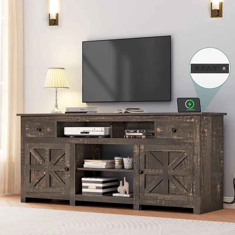 Meuble TV de ferme de 70 po avec prise de courant – Convient aux téléviseurs jusqu'à 80", 70 long. x 15,5 larg. x 30 haut.