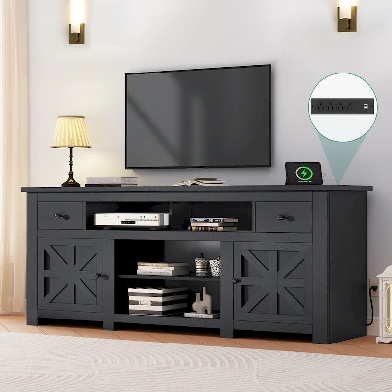 Meuble TV de ferme de 70 po avec prise de courant – Convient aux téléviseurs jusqu'à 80", 70 long. x 15,5 larg. x 30 haut.