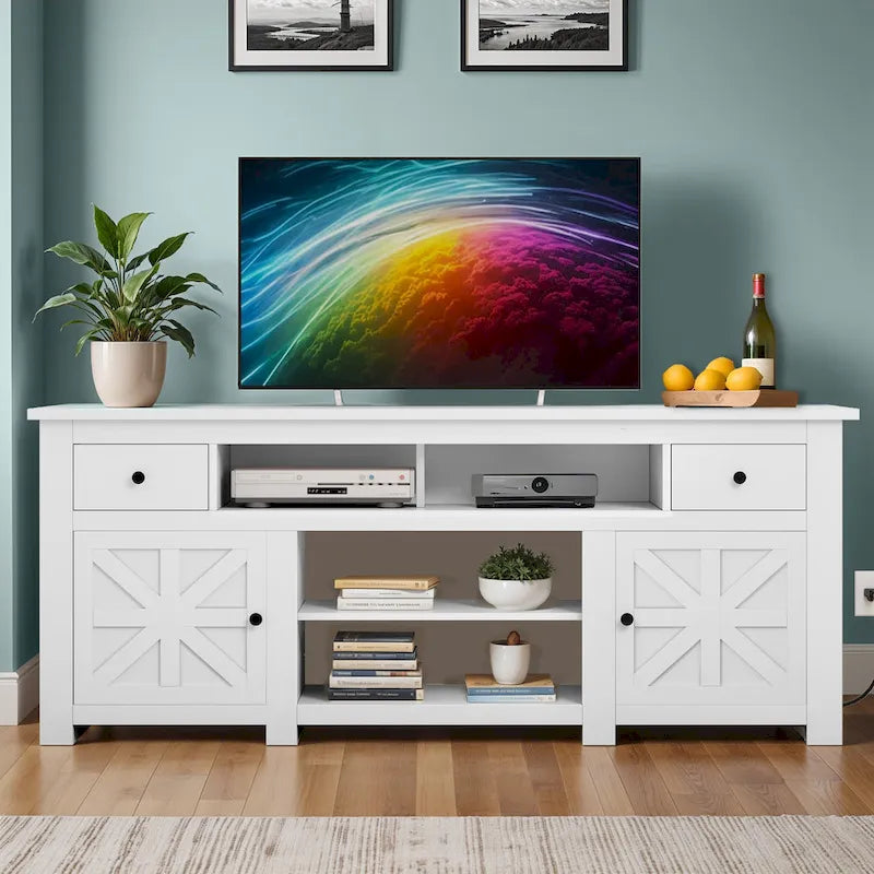 Meuble TV de ferme de 70 po avec prise de courant – Convient aux téléviseurs jusqu'à 80", 70 long. x 15,5 larg. x 30 haut.