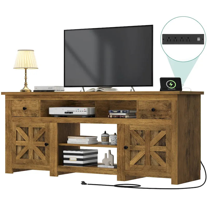 Meuble TV de ferme de 70 po avec prise de courant – Convient aux téléviseurs jusqu'à 80", 70 long. x 15,5 larg. x 30 haut.