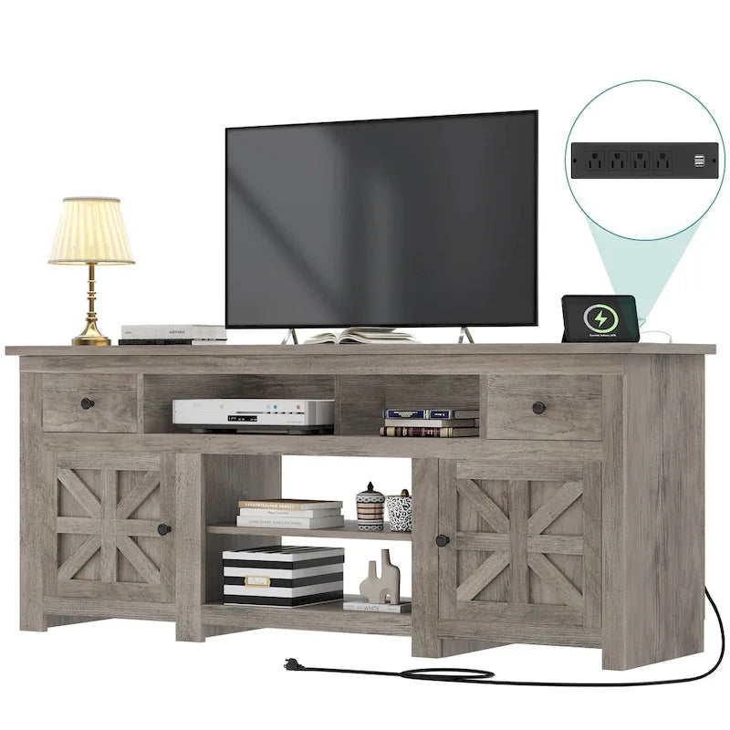 Meuble TV de ferme de 70 po avec prise de courant – Convient aux téléviseurs jusqu'à 80", 70 long. x 15,5 larg. x 30 haut.