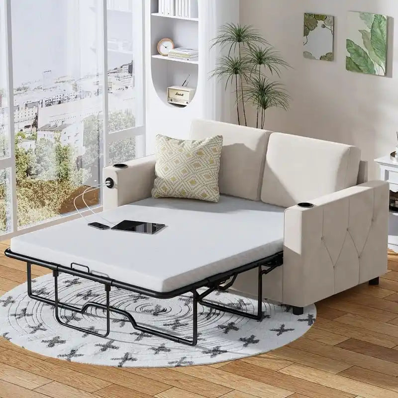 Canapé-lit convertible avec matelas en mousse à mémoire de forme, porte-gobelet et port USB