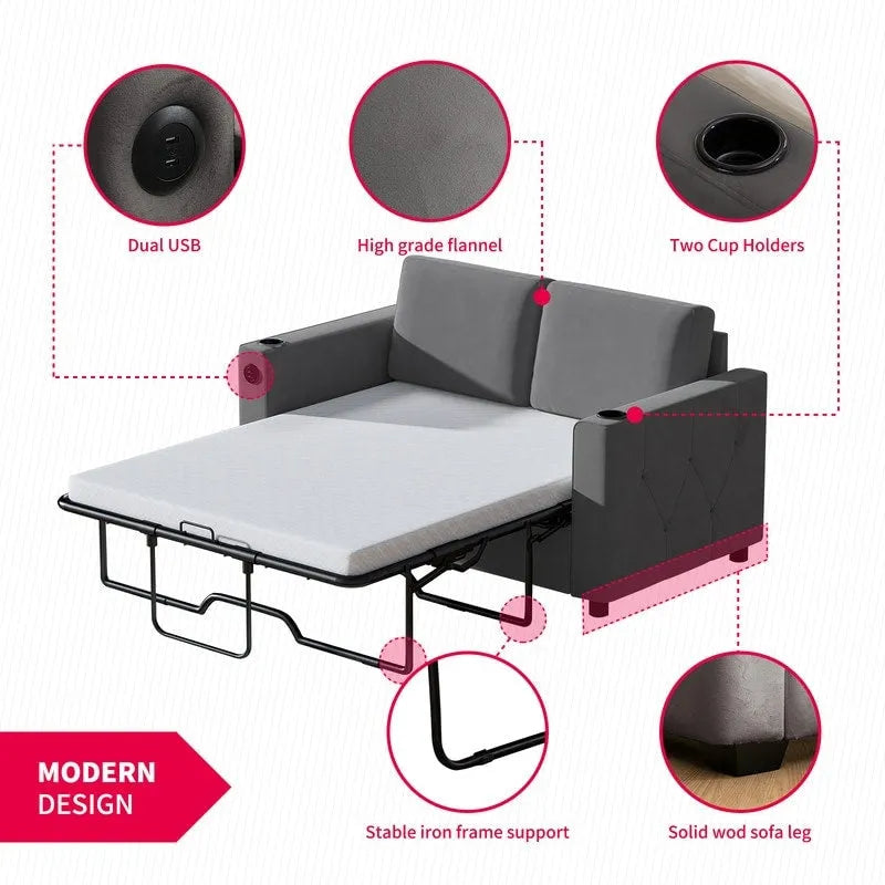 Canapé-lit convertible avec matelas en mousse à mémoire de forme, porte-gobelet et port USB