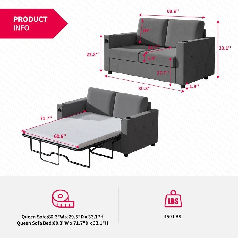 Canapé-lit convertible avec matelas en mousse à mémoire de forme, porte-gobelet et port USB