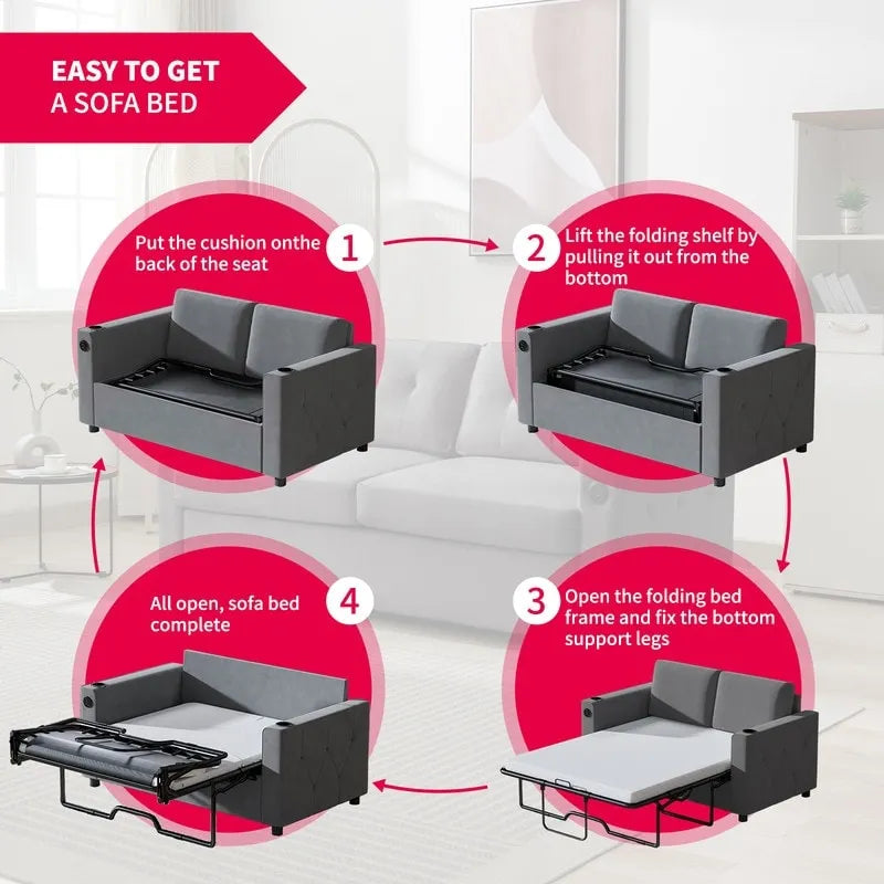 Canapé-lit convertible avec matelas en mousse à mémoire de forme, porte-gobelet et port USB
