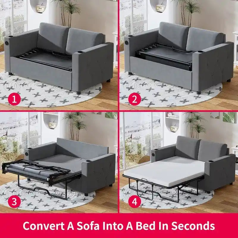Canapé-lit convertible avec matelas en mousse à mémoire de forme, porte-gobelet et port USB