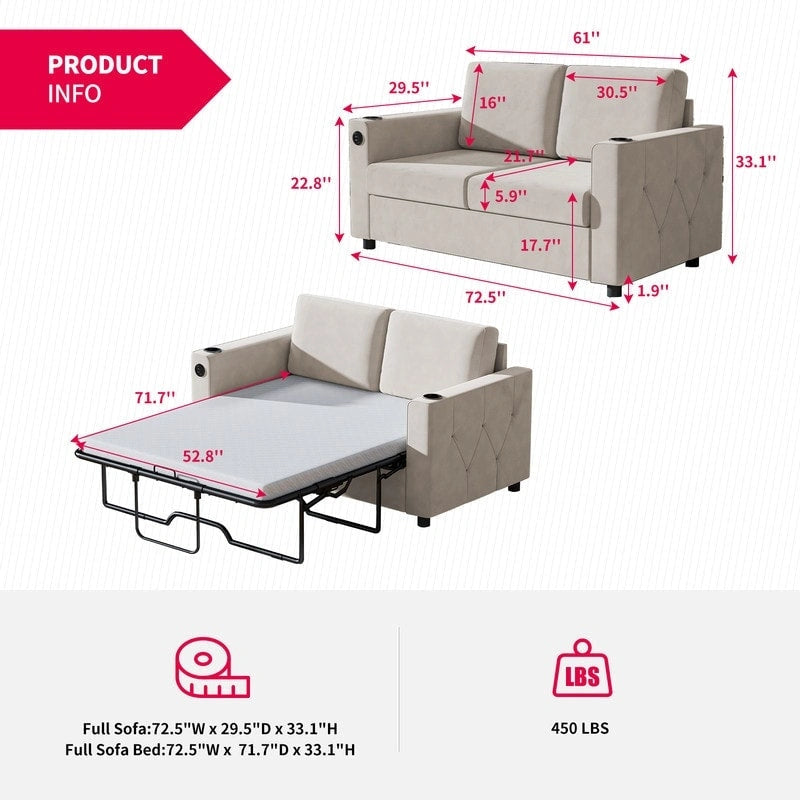 Canapé-lit convertible avec matelas en mousse à mémoire de forme, porte-gobelet et port USB