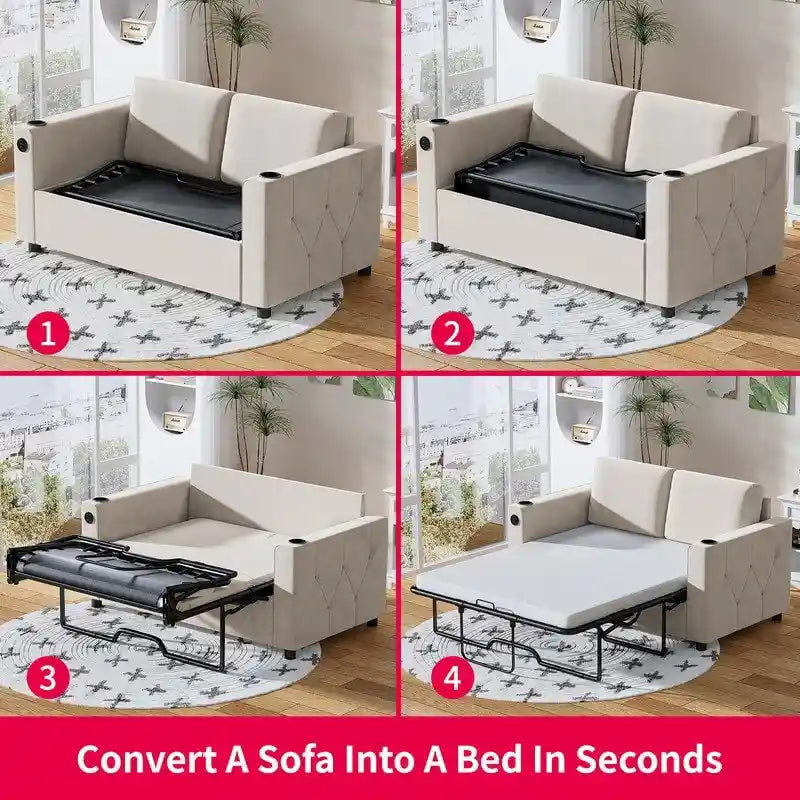 Canapé-lit convertible avec matelas en mousse à mémoire de forme, porte-gobelet et port USB