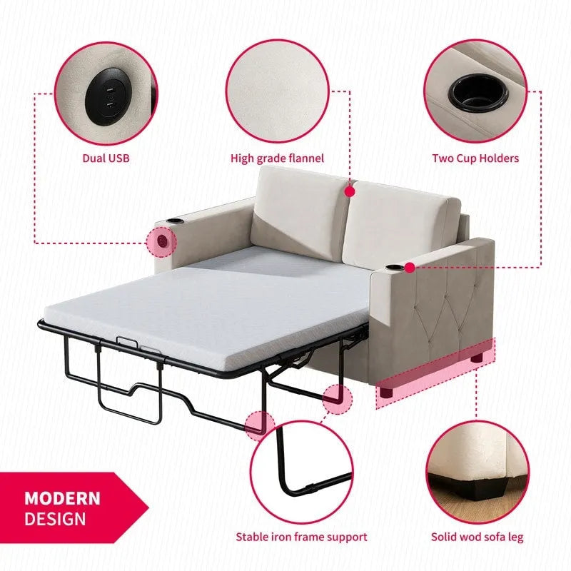 Canapé-lit convertible avec matelas en mousse à mémoire de forme, porte-gobelet et port USB