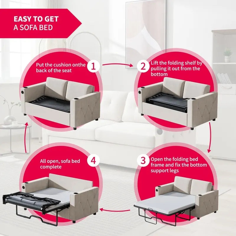 Canapé-lit convertible avec matelas en mousse à mémoire de forme, porte-gobelet et port USB