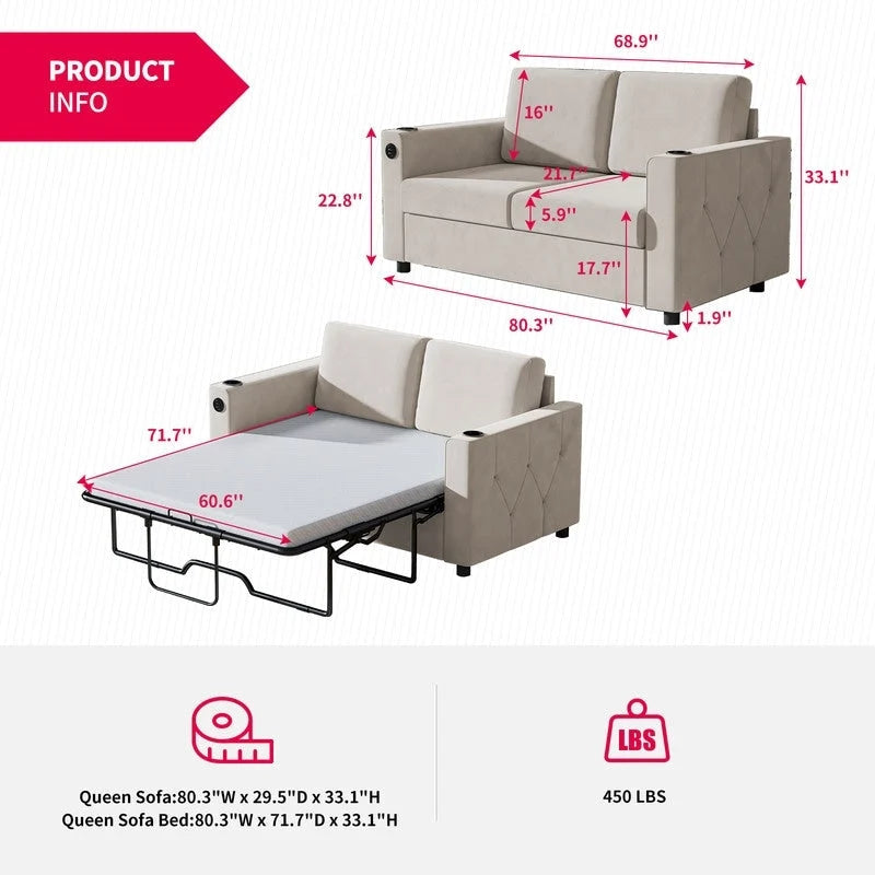 Canapé-lit convertible avec matelas en mousse à mémoire de forme, porte-gobelet et port USB