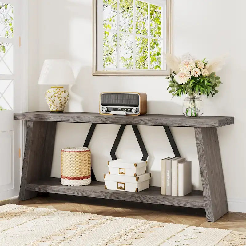 Table d'appoint avec 2 paniers pliables en écorce de maïs – Plateau aspect marbre, Chocolat Noir