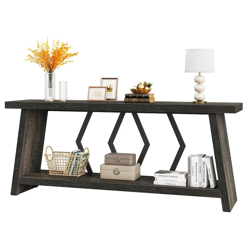 Table d'appoint avec 2 paniers pliables en écorce de maïs – Plateau aspect marbre, Chocolat Noir