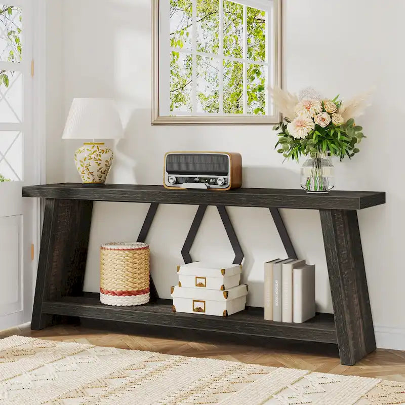 Table d'appoint avec 2 paniers pliables en écorce de maïs – Plateau aspect marbre, Chocolat Noir