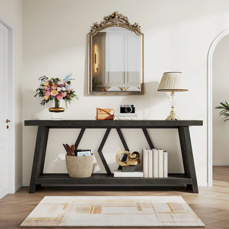 Table d'appoint avec 2 paniers pliables en écorce de maïs – Plateau aspect marbre, Chocolat Noir