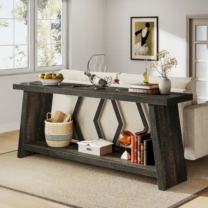 Table d'appoint avec 2 paniers pliables en écorce de maïs – Plateau aspect marbre, Chocolat Noir