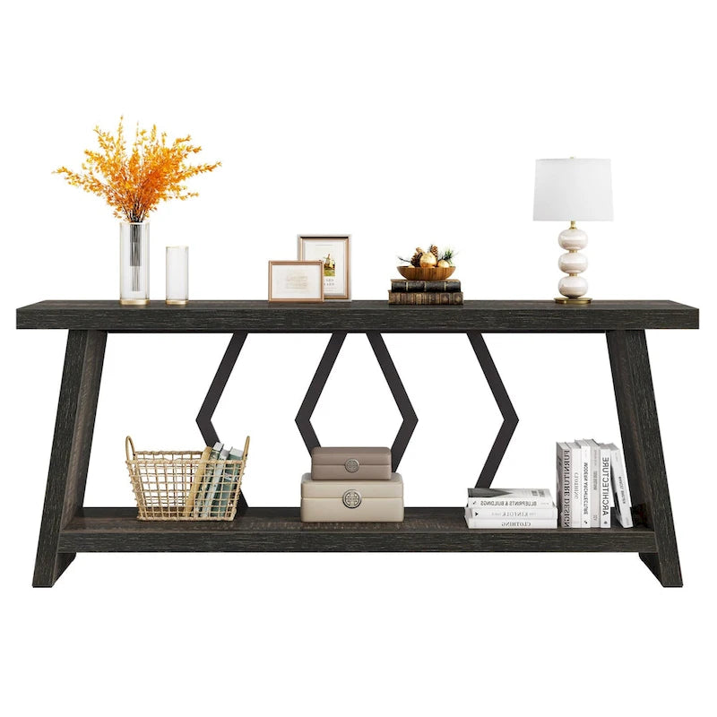 Table d'appoint avec 2 paniers pliables en écorce de maïs – Plateau aspect marbre, Chocolat Noir