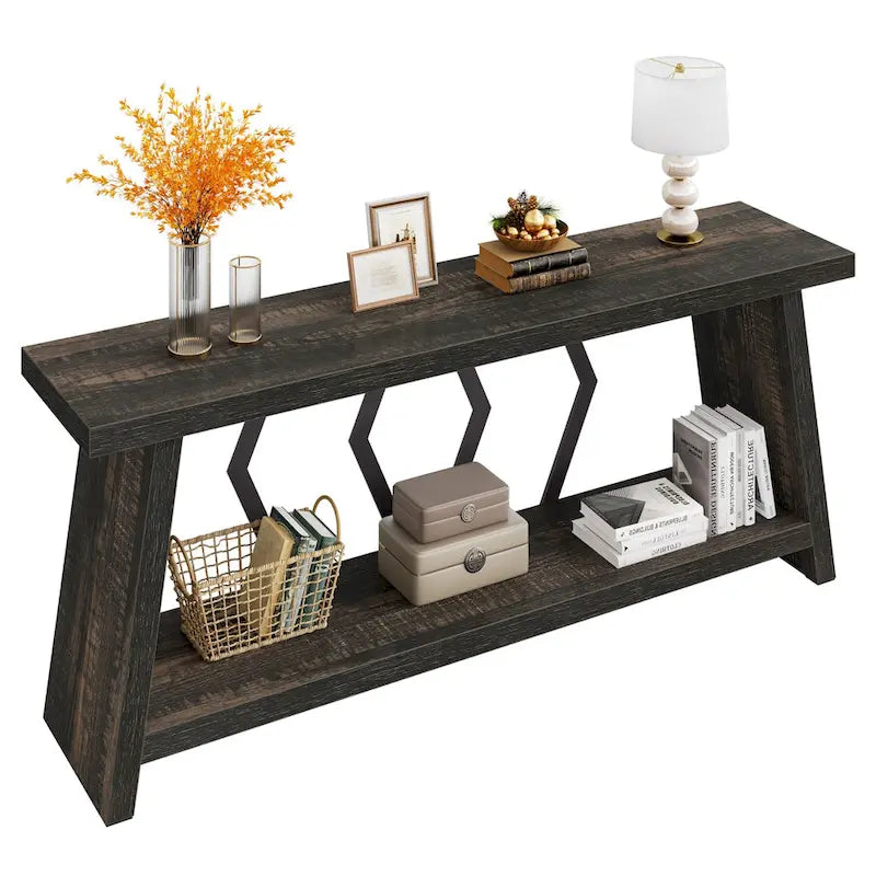 Table d'appoint avec 2 paniers pliables en écorce de maïs – Plateau aspect marbre, Chocolat Noir