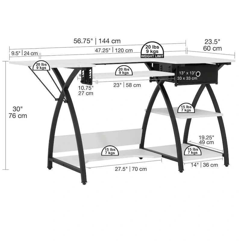 Bureau de couture domestique avec plateau quadrillé et tablette rabattable en option – Bureau à domicile double usage
