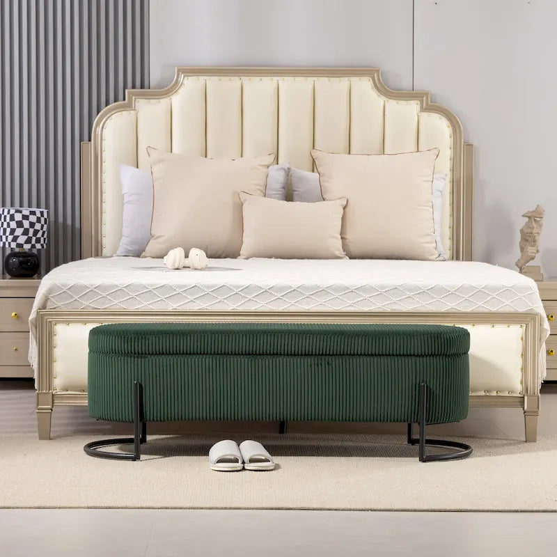 Banc de rangement tissé avec charnières de sécurité – Banc de bout de lit capitonné en velours