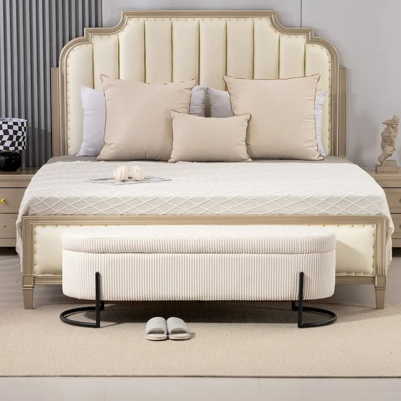 Banc de rangement tissé avec charnières de sécurité – Banc de bout de lit capitonné en velours
