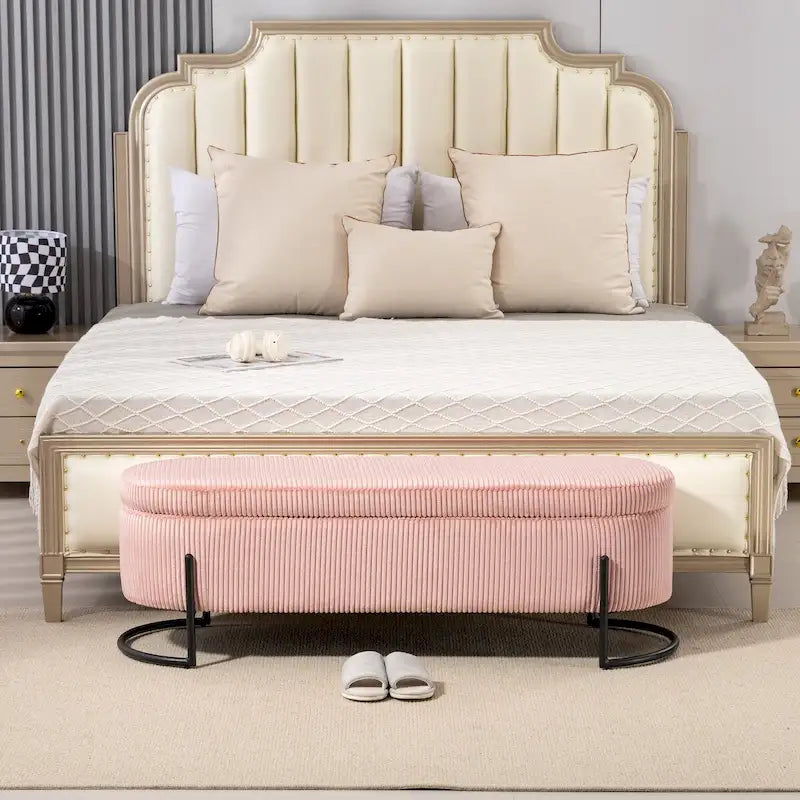 Banc de rangement tissé avec charnières de sécurité – Banc de bout de lit capitonné en velours