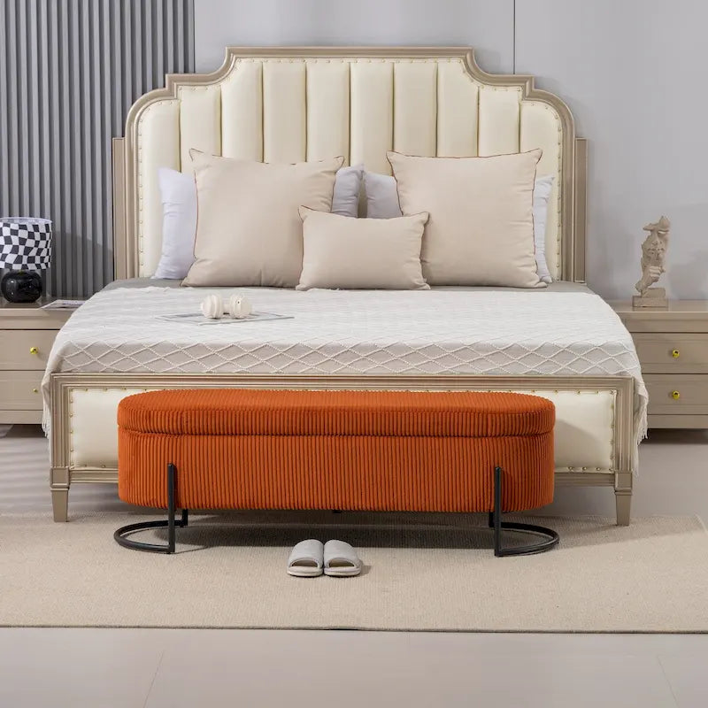 Banc de rangement tissé avec charnières de sécurité – Banc de bout de lit capitonné en velours