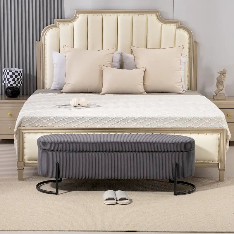 Banc de rangement tissé avec charnières de sécurité – Banc de bout de lit capitonné en velours