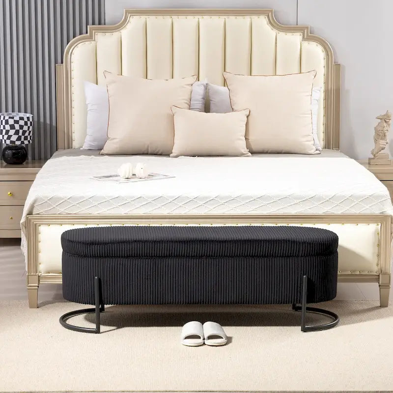 Banc de rangement tissé avec charnières de sécurité – Banc de bout de lit capitonné en velours