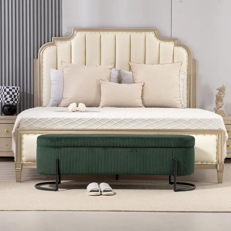 Banc de rangement tissé avec charnières de sécurité – Banc de bout de lit capitonné en velours