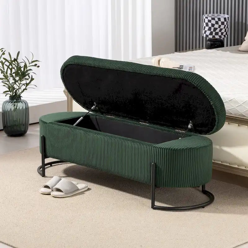 Banc de rangement tissé avec charnières de sécurité – Banc de bout de lit capitonné en velours