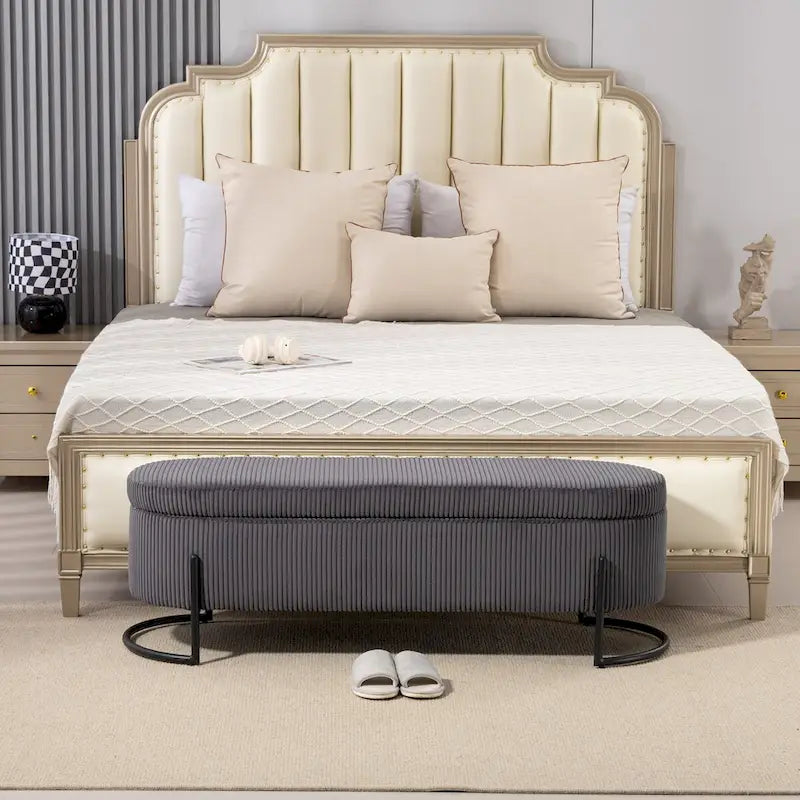 Banc de rangement tissé avec charnières de sécurité – Banc de bout de lit capitonné en velours