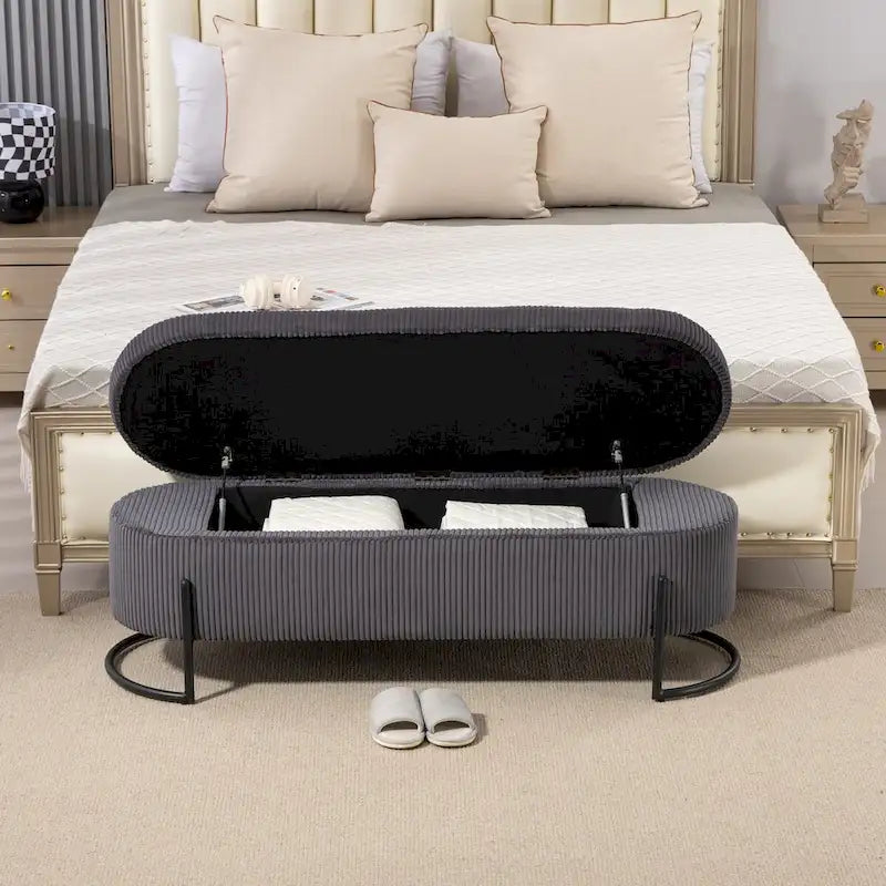 Banc de rangement tissé avec charnières de sécurité – Banc de bout de lit capitonné en velours