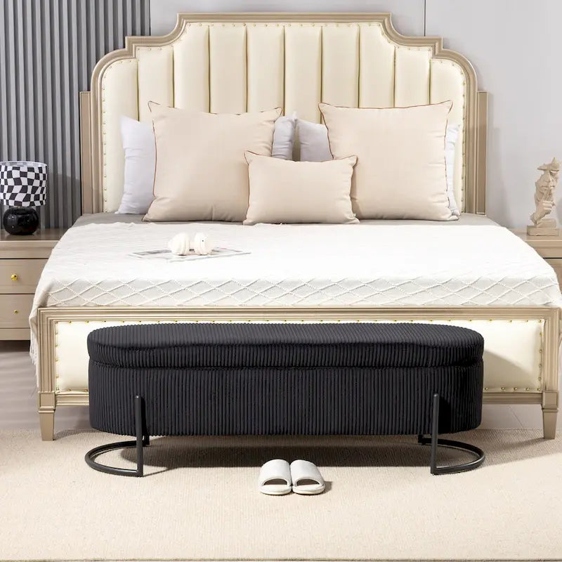 Banc de rangement tissé avec charnières de sécurité – Banc de bout de lit capitonné en velours