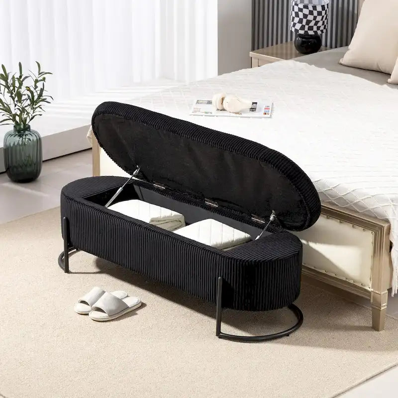 Banc de rangement tissé avec charnières de sécurité – Banc de bout de lit capitonné en velours