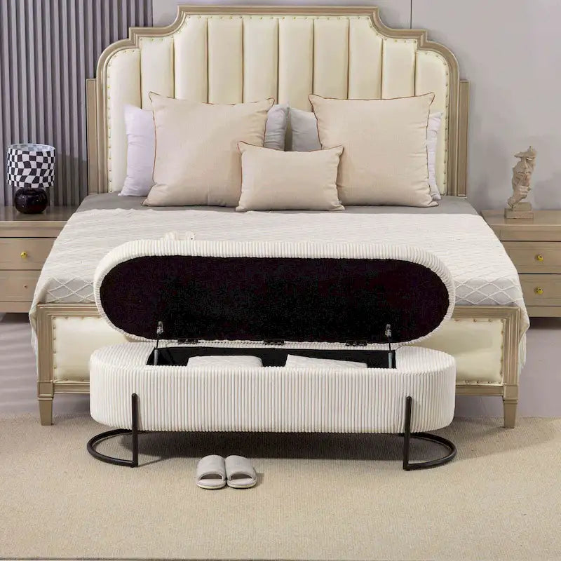 Banc de rangement tissé avec charnières de sécurité – Banc de bout de lit capitonné en velours