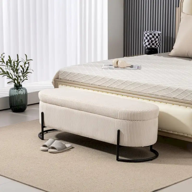 Banc de rangement tissé avec charnières de sécurité – Banc de bout de lit capitonné en velours
