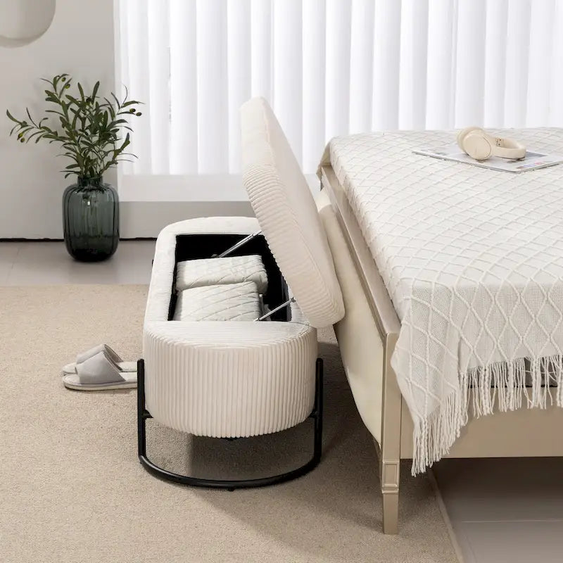 Banc de rangement tissé avec charnières de sécurité – Banc de bout de lit capitonné en velours