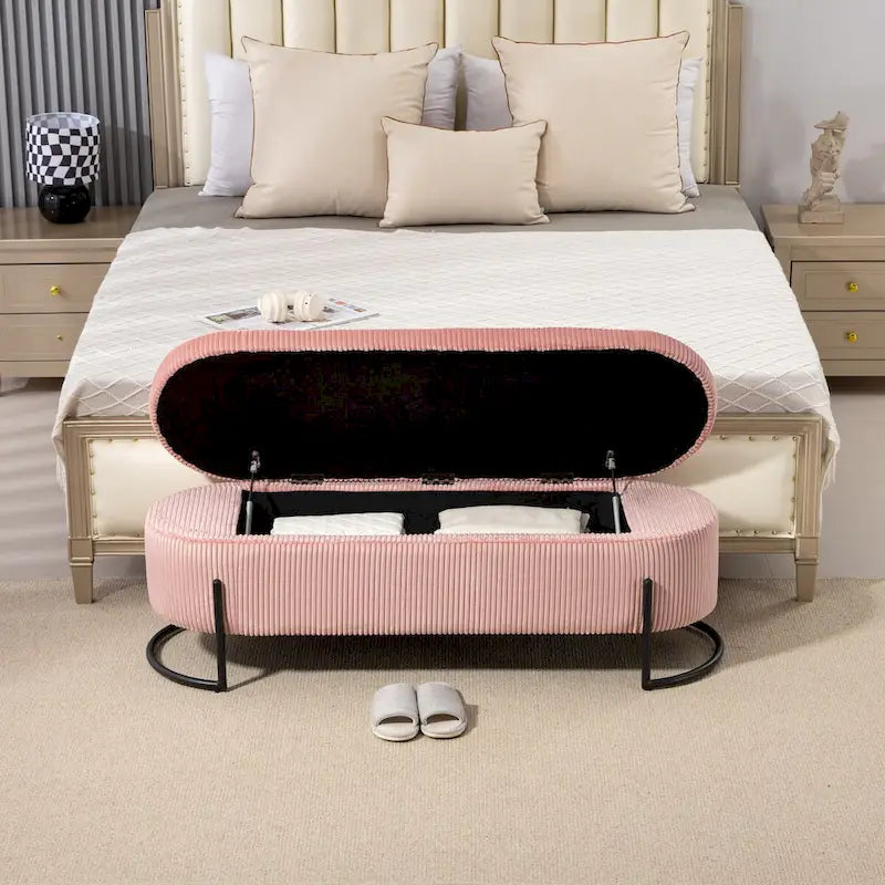 Banc de rangement tissé avec charnières de sécurité – Banc de bout de lit capitonné en velours